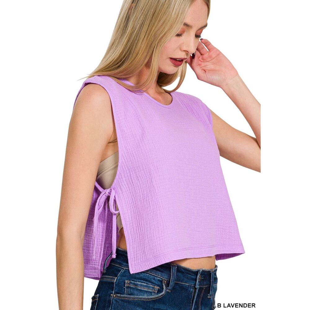 Zenana - Double Gauze Side Tie Sleeveless Top - Small